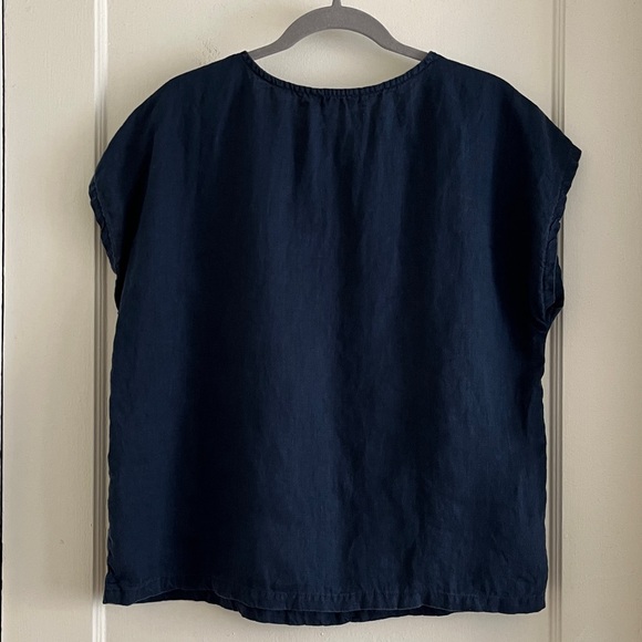 Quince Size Large 100% Linen Navy Blue Boxy Blouse Top Short Sleeved Shirt - Picture 4 of 11